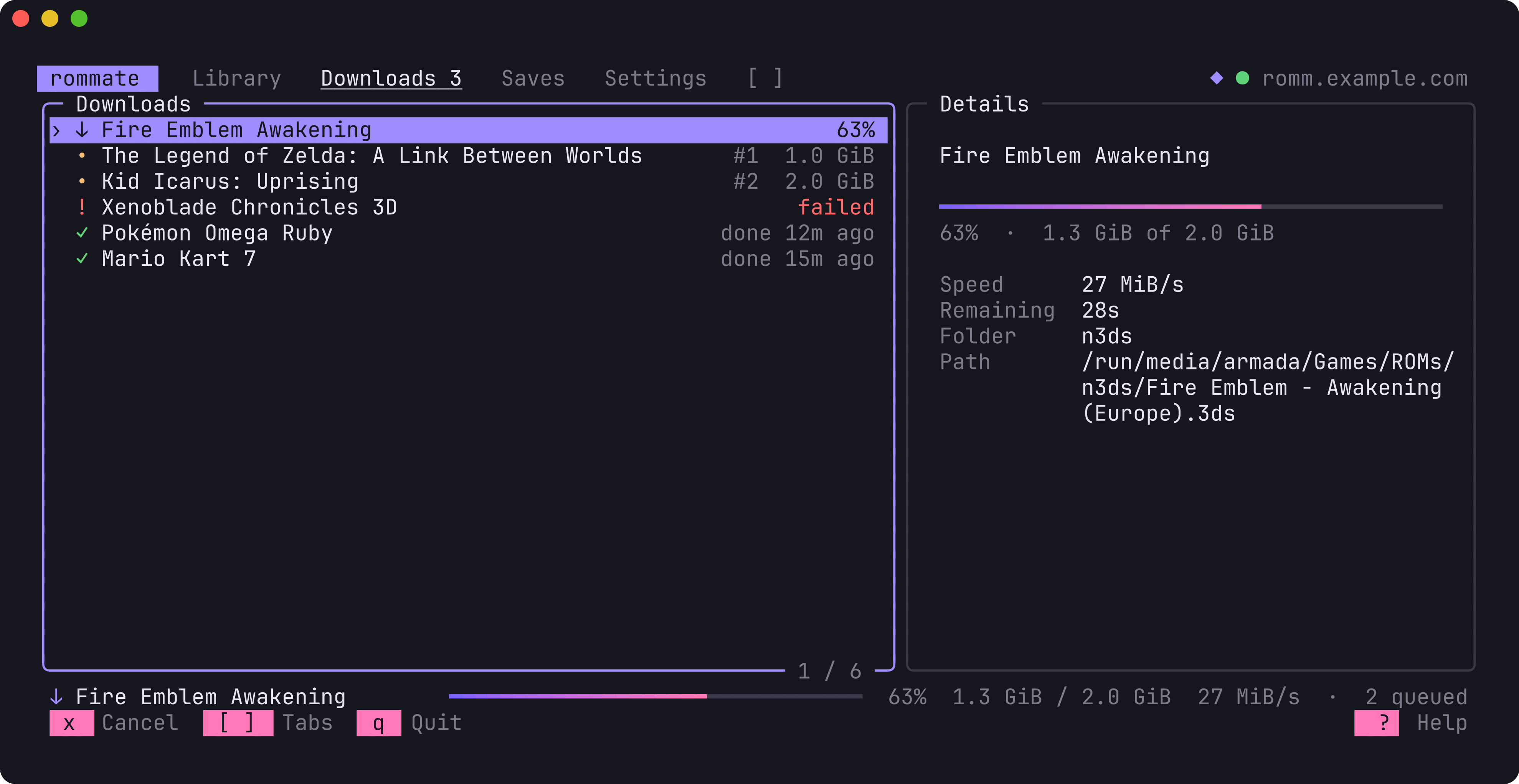 The Downloads tab with running, queued, failed and finished downloads