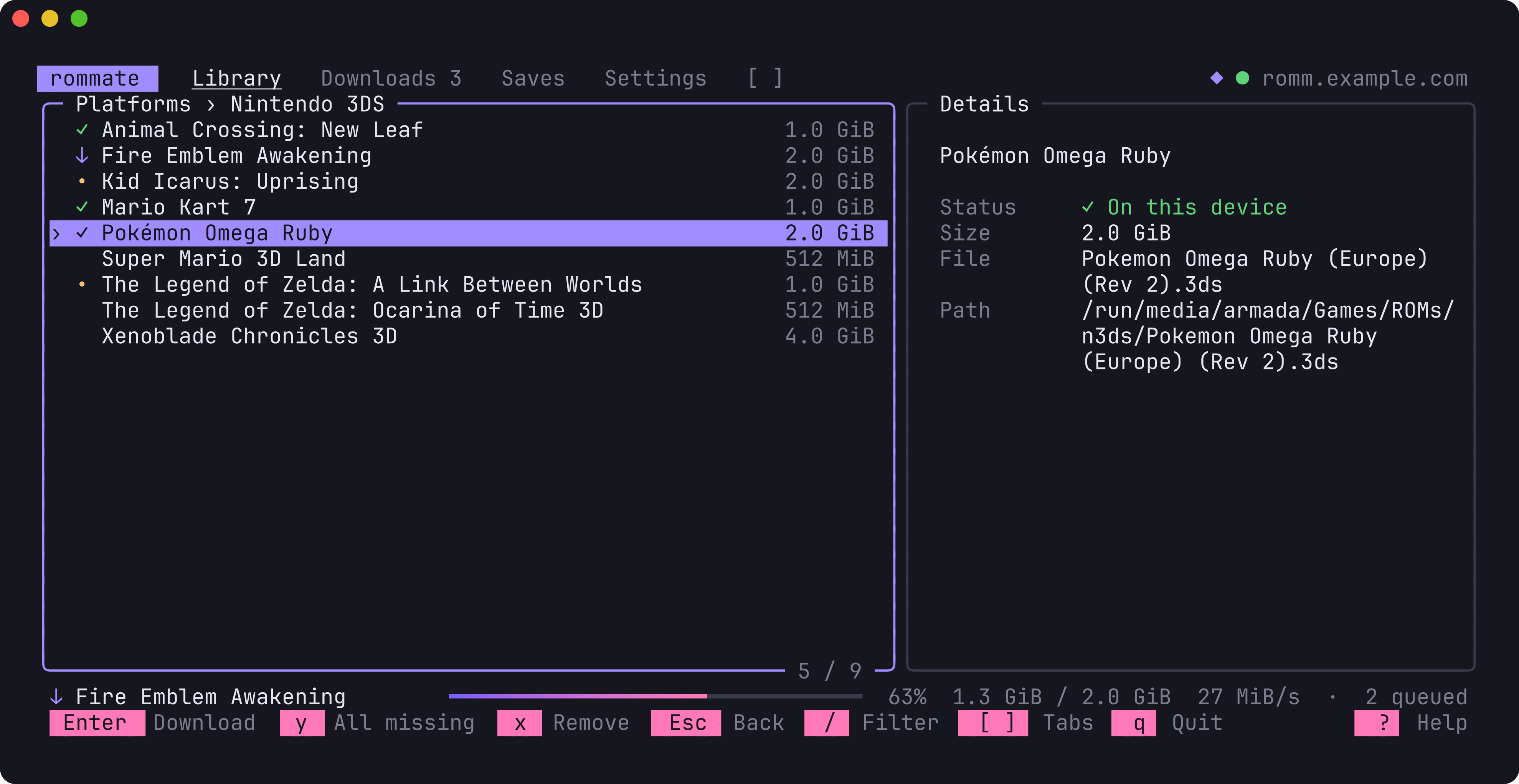 rommate TUI showing Nintendo 3DS games with one download in progress