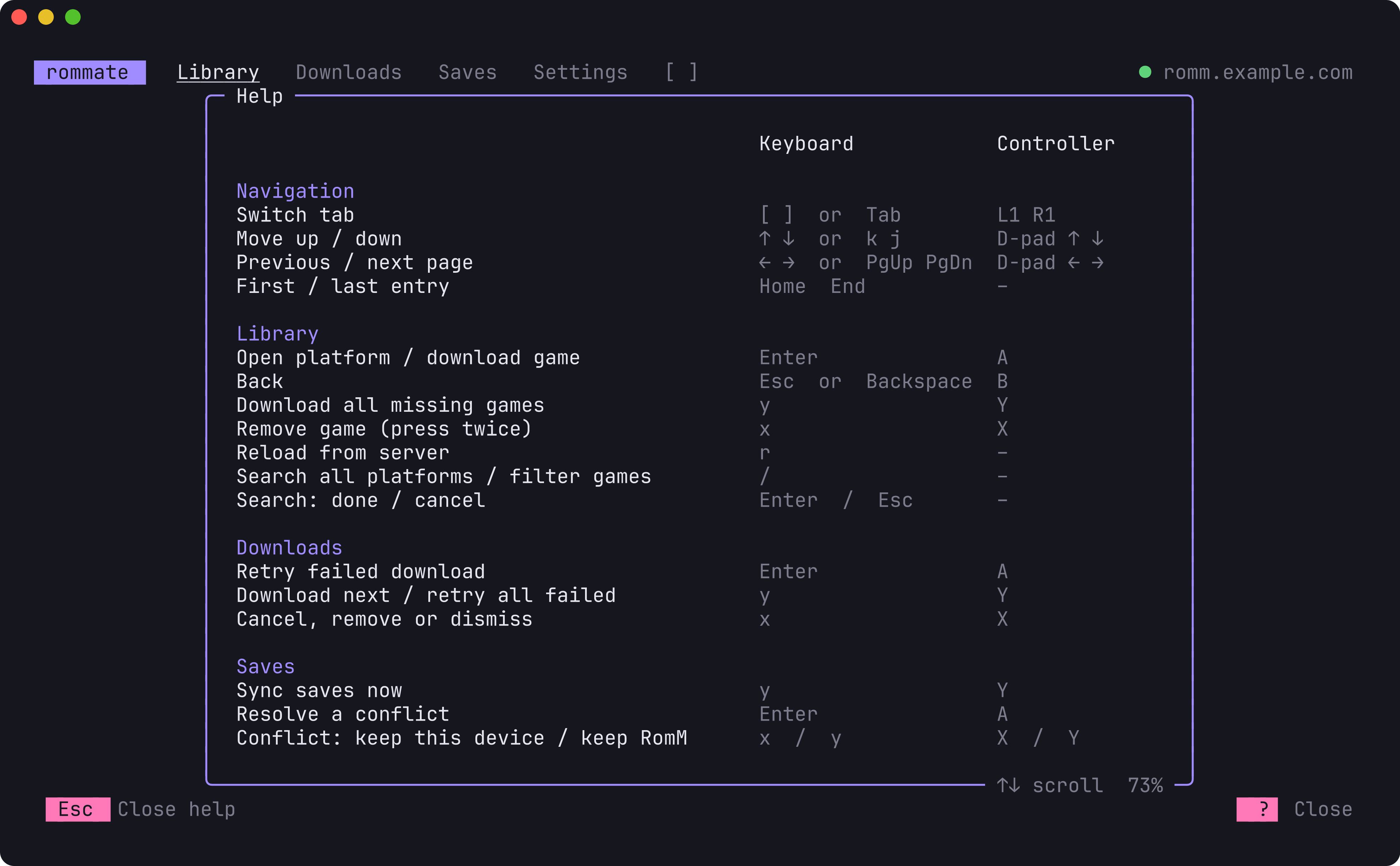 The help screen listing every action with keyboard and controller bindings