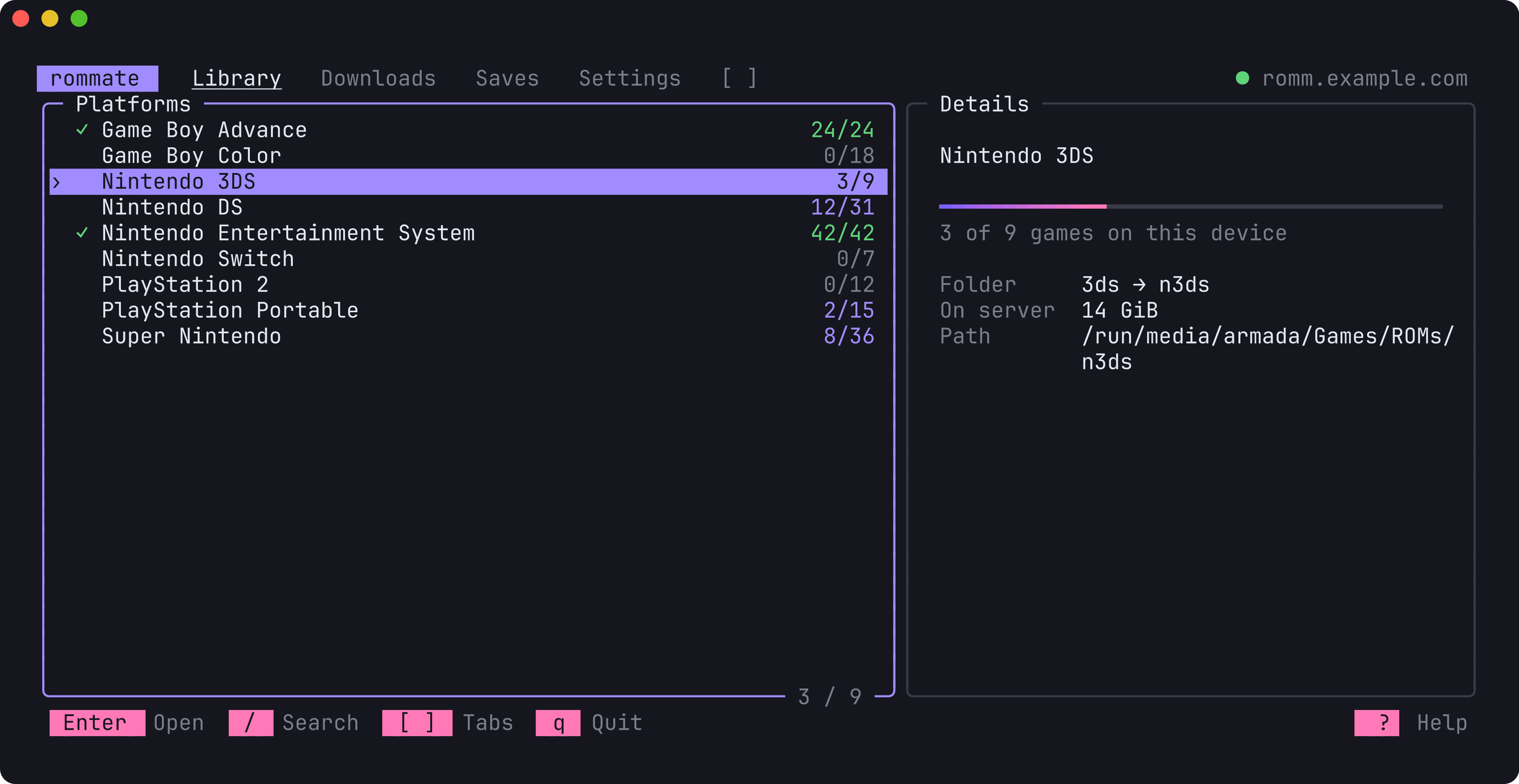 The Library tab: every platform with how many games are on the device