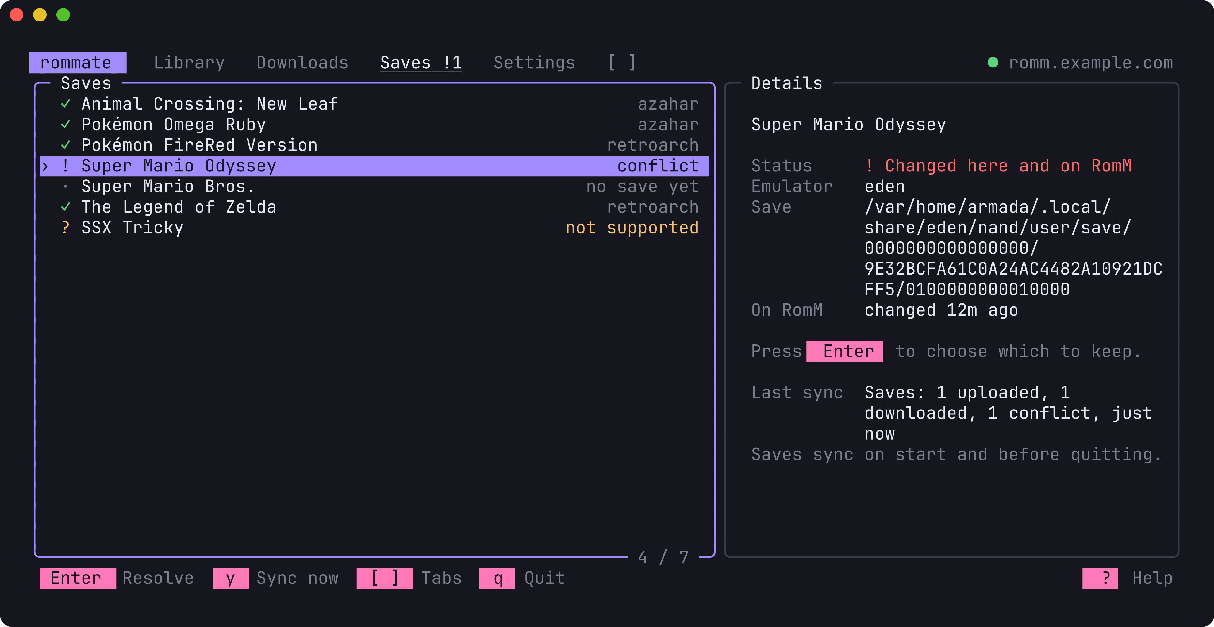 The Saves tab with one conflict selected